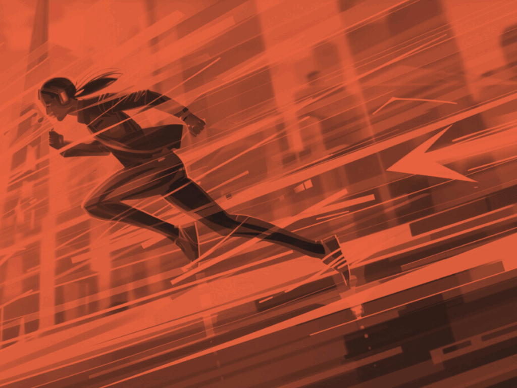 Illustration of a businesswoman sprinting at high speed through a cityscape, symbolizing agility, momentum, and fast execution.