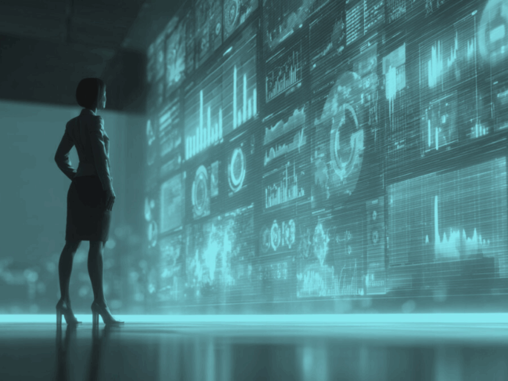 Businesswoman analyzing digital dashboards filled with data visualizations on a large futuristic screen in a modern office setting.