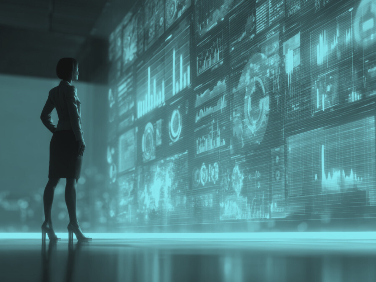 Businesswoman analyzing digital dashboards filled with data visualizations on a large futuristic screen in a modern office setting.