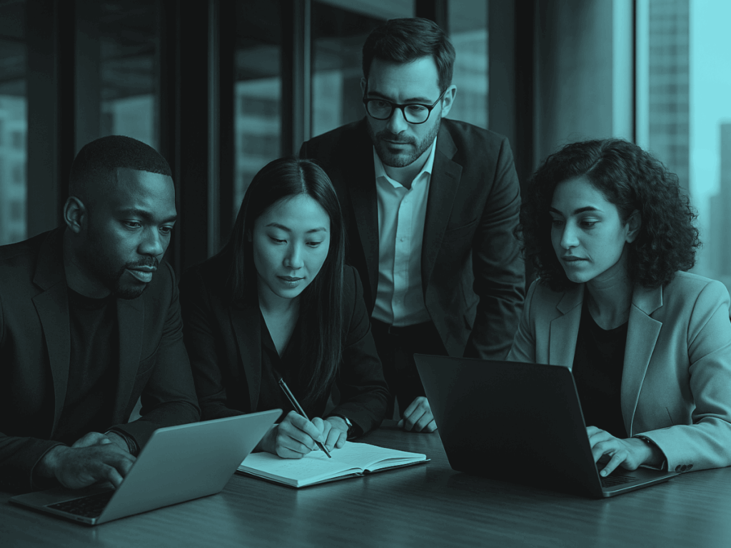 A diverse team of professionals collaborating around laptops and notebooks in a modern, sleek office setting with large windows and a city view.
