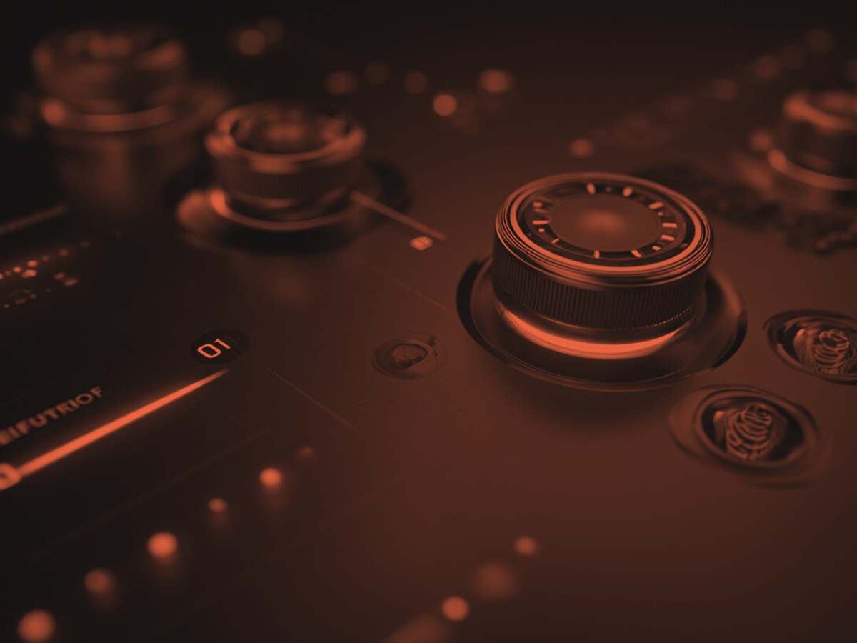 A sleek, high-tech control panel with glowing dials and gauges representing marketing levers like value proposition and customer acquisition.