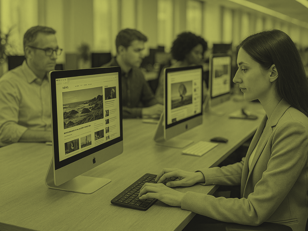 Business professionals using desktop computers to browse online news in a modern office setting.