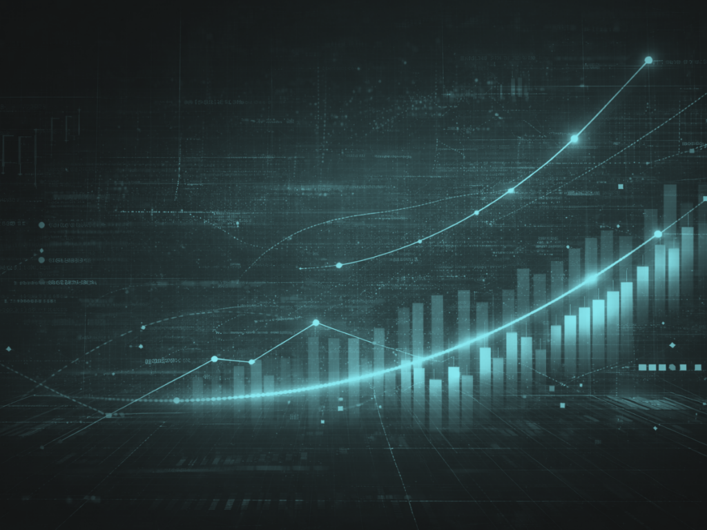 Digital financial growth chart with rising bar graph and upward trend lines representing AI-driven portfolio value creation.