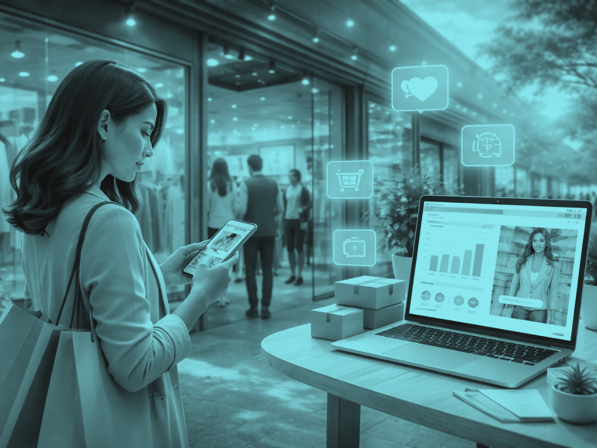 Shopper using mobile ecommerce outside retail store showing omnichannel shopping experience and modern retail trends