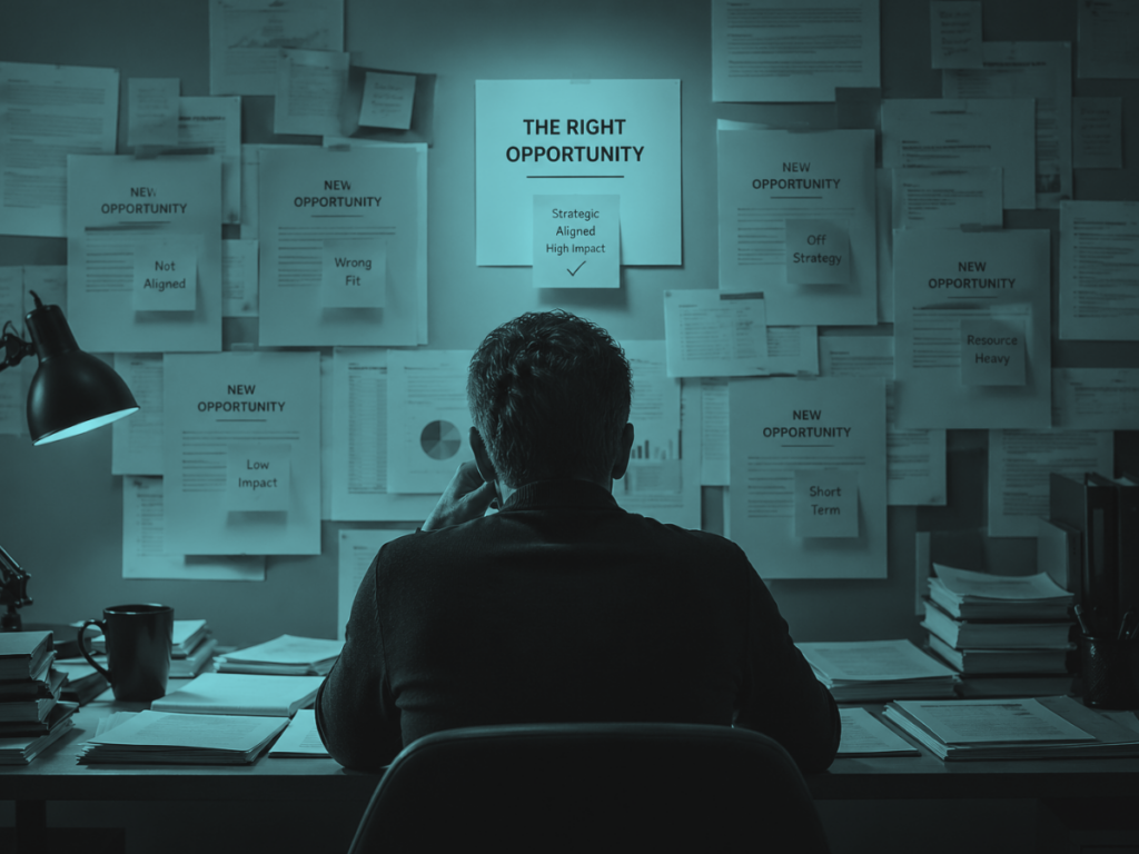 Professional reviewing multiple opportunities on a cluttered desk, focusing on a single strategic direction
