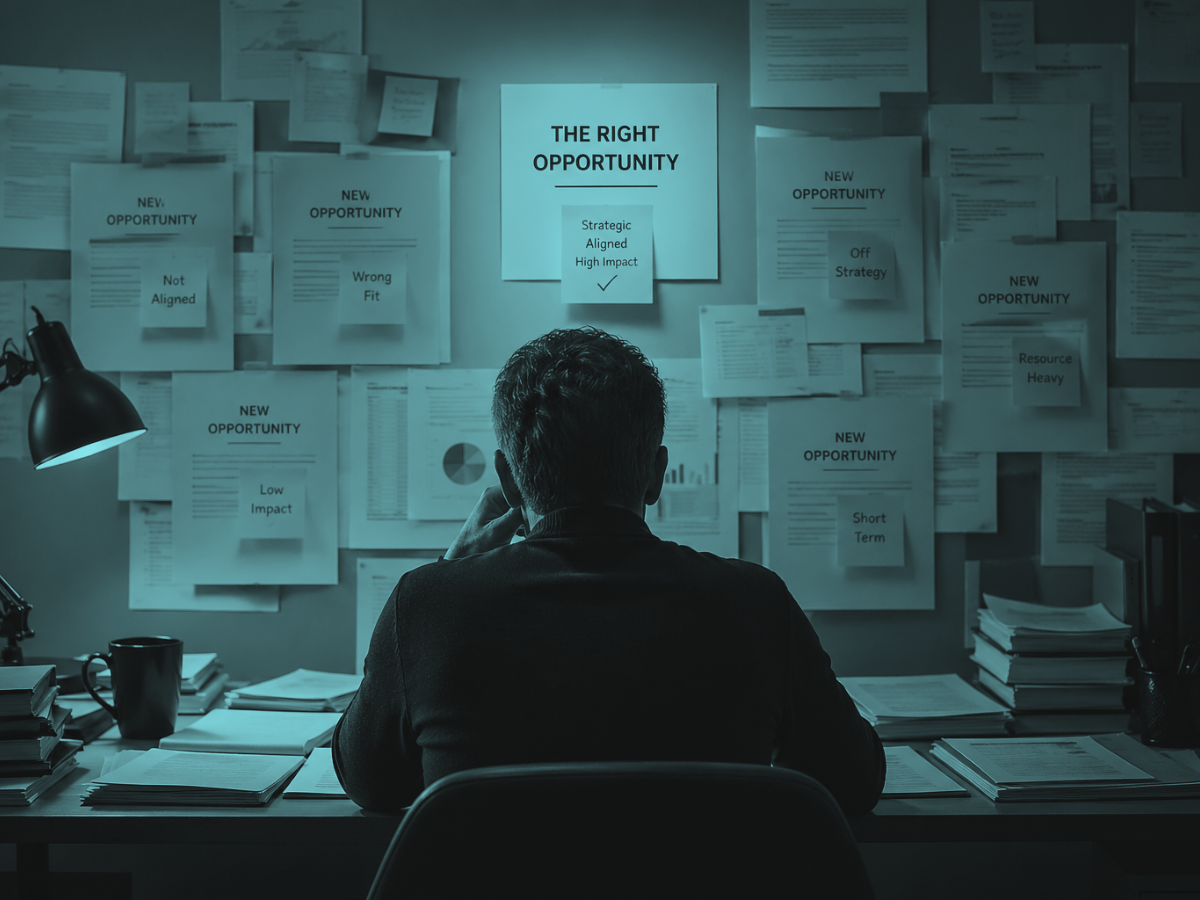 Professional reviewing multiple opportunities on a cluttered desk, focusing on a single strategic direction
