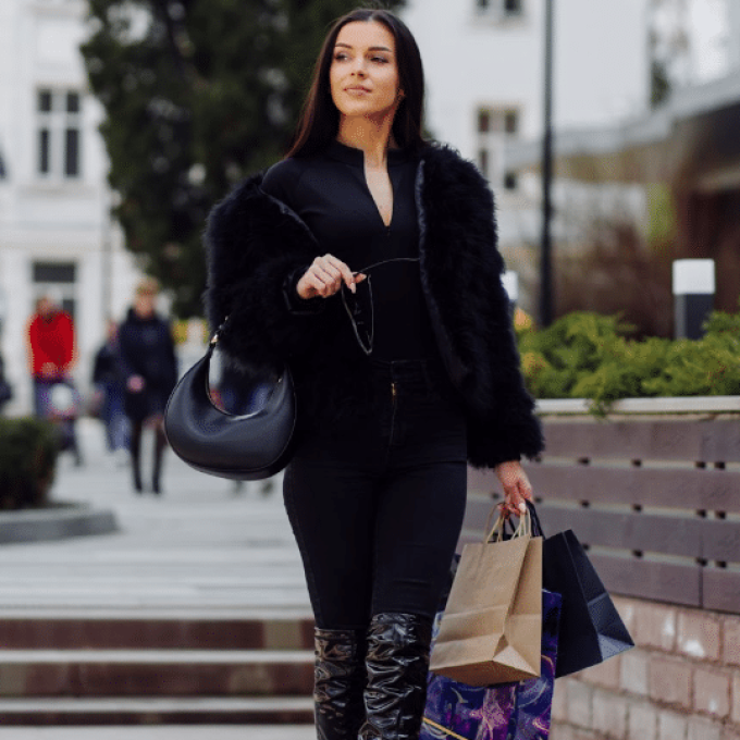 A woman with long dark hair walks outside in an urban setting, embodying the epitome of city chic. She is wearing a black fur jacket, black top, dark pants, and black thigh-high boots. With shopping bags in one hand and sunglasses in the other, she seems perfect for a Commerce Team Recruitment shoot amidst bustling people and towering buildings.